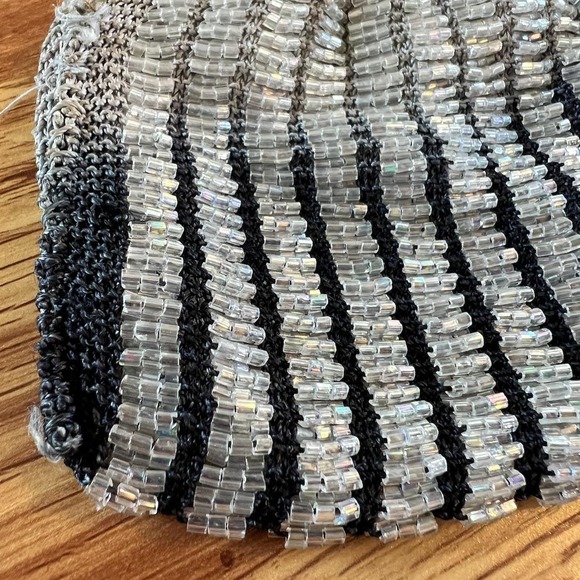 CLARA KASAVIN Beaded Evening Clutch Purse Silver Black Rhinestone Flowers Chain